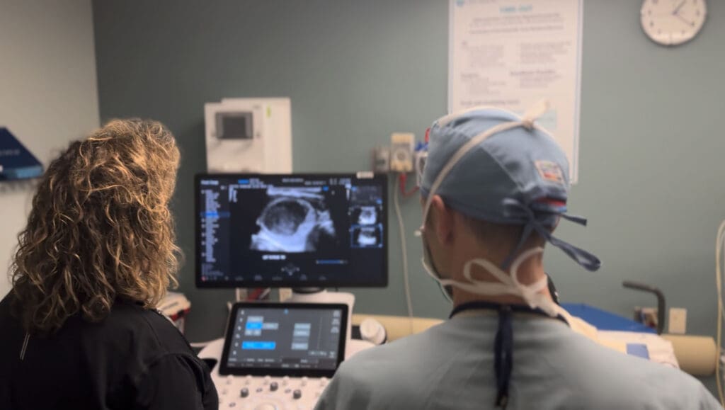 Doctors observe imaging display for Thyroid RFA.