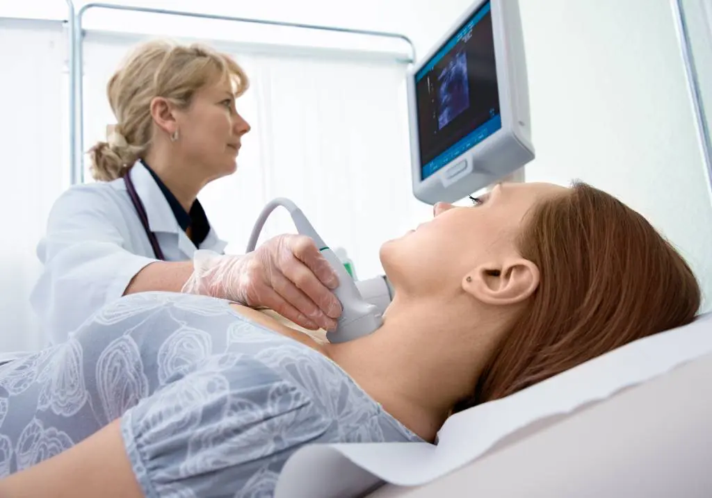 A patient receives a thyroid ultrasound to confirm a cancer diagnosis.