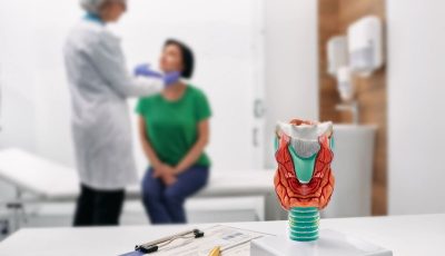 A model of a thyroid in the foreground. A doctor palpates a woman’s thyroid in the background.