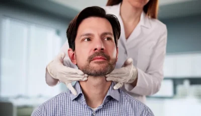 A physician palpates a patient’s thyroid during an exam.