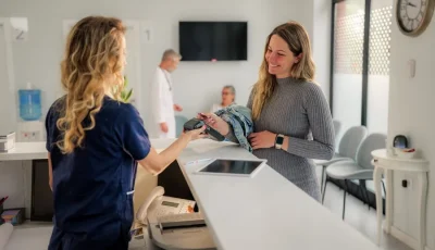 A patient shows a provider her insurance card while checking in to a medical clinic.