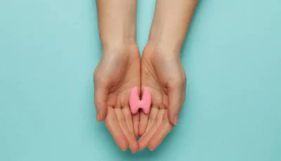 Two hands hold an anatomical model of the thyroid.